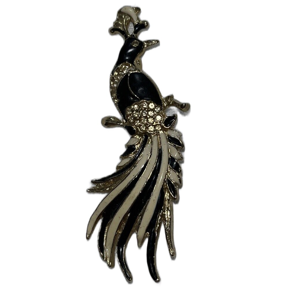 Vintage Black & White Enamel Clear Rhinestone Gold Tone Peacock Brooch Pin